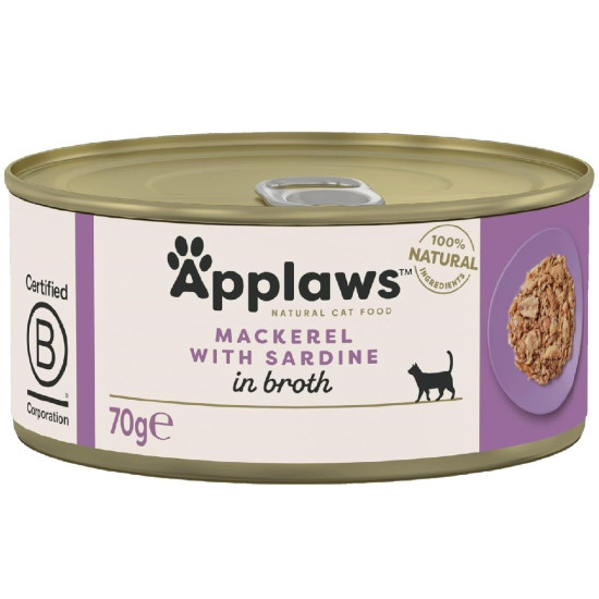 APPLAWS Natural – conservă hrană umedă complementară pentru pisici, macrou și sardine în supă, 70 g